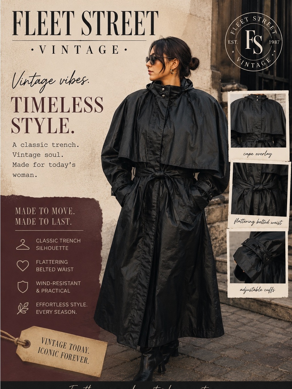 Fleet-street‎ Black vintage nylon trench coat size 12